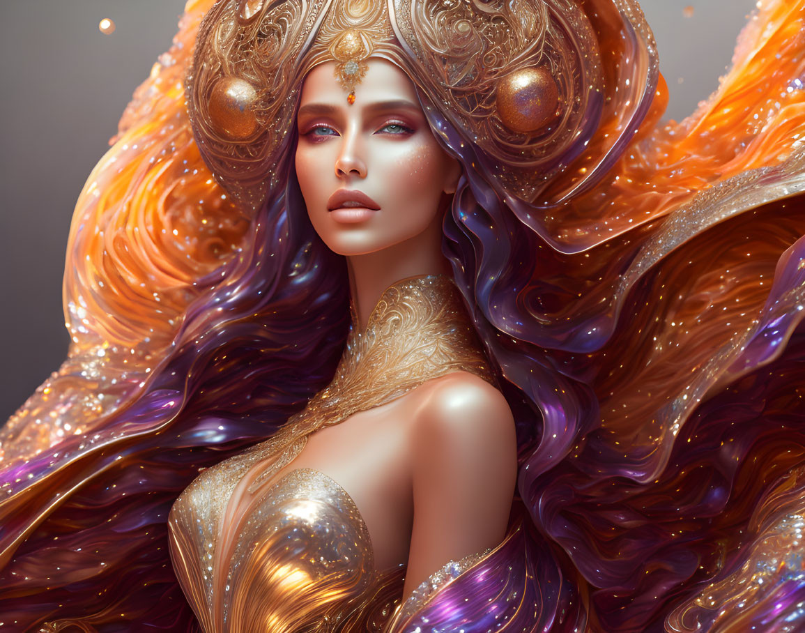 Fantasy Artwork: Woman with Elaborate Golden Headgear and Starry Hair