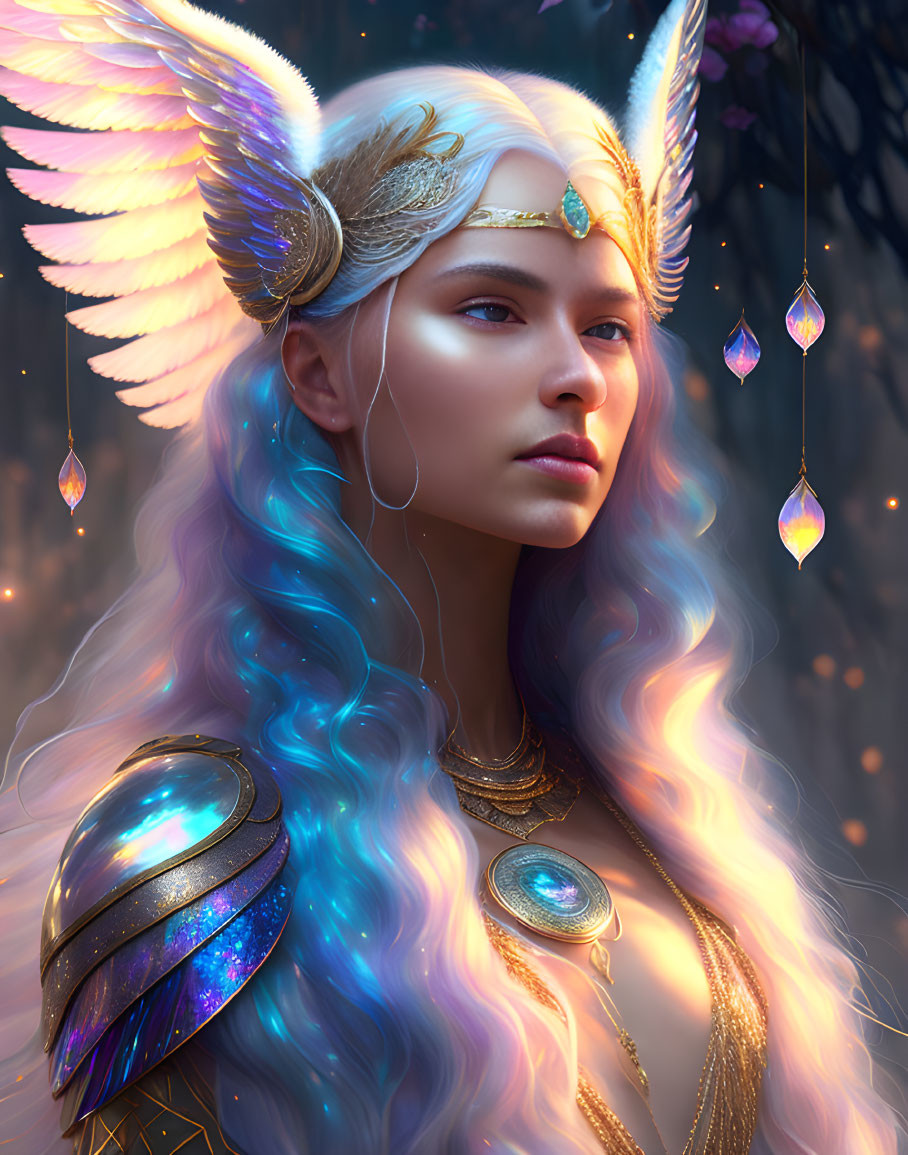 Fantasy female figure with blue wavy hair and golden feathered wings, adorned with elaborate jewelry and