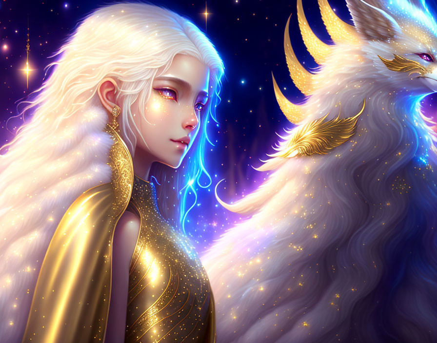 Fantasy digital artwork: Pale woman and mythical wolf in starry scene