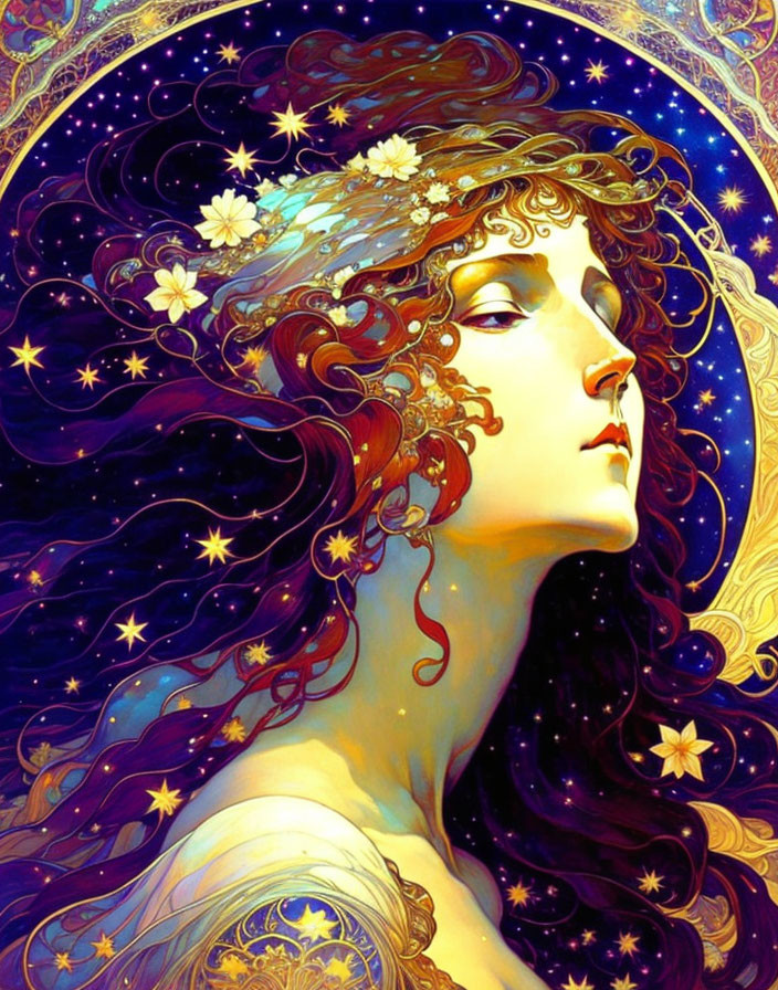 Whimsical artwork: Woman with flowing hair and floral adornments on cosmic background