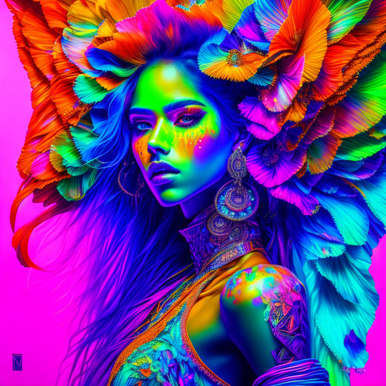 Colorful portrait of woman with blue skin and vibrant feathers, glitter, makeup, and jewelry.