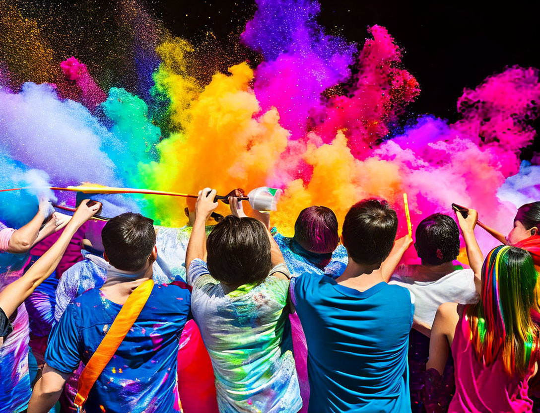 Vibrant colored powders flying in the air at a festive celebration