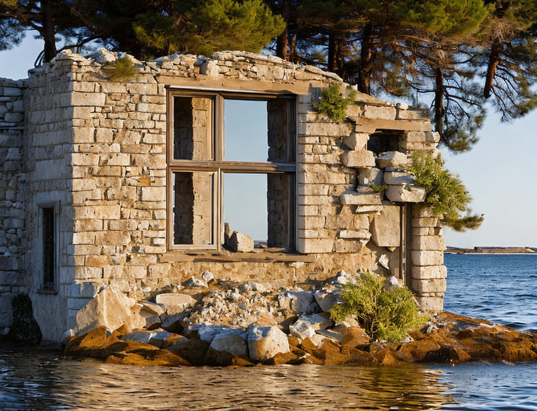 Stone building ruins on coastal water with empty window frames and trees.