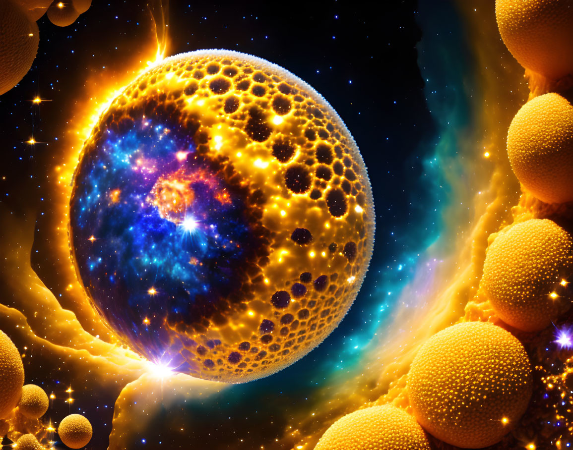 Colorful Cosmic Scene with Radiant Spheres and Interstellar Clouds