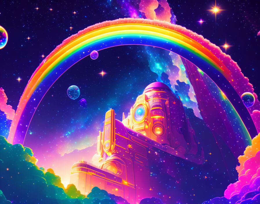 Colorful digital artwork: Rainbow over space scene with stars, planets, and robotic structure