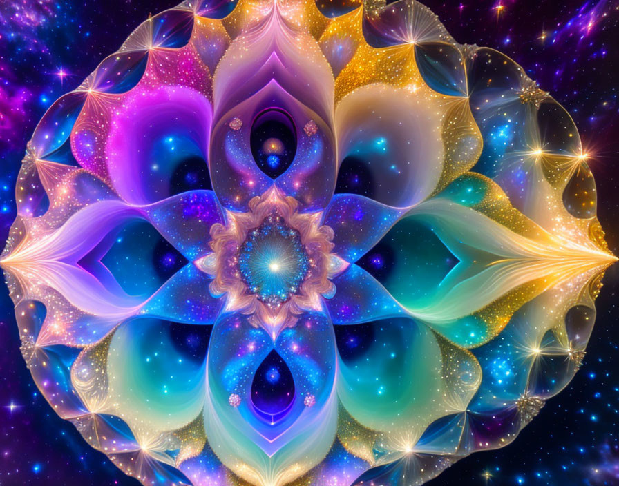 Colorful Fractal Artwork with Symmetrical Petals and Cosmic Floral Elements