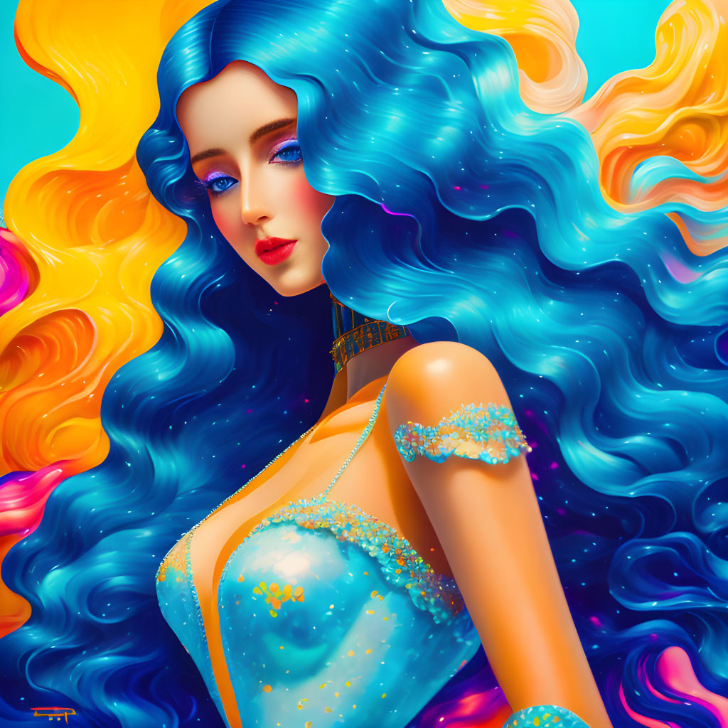 Colorful digital art portrait of a woman with blue hair and starry dress on vibrant background