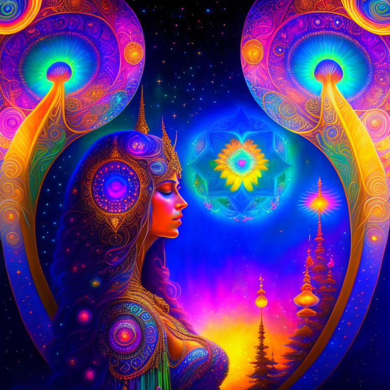 Colorful psychedelic profile of woman with intricate patterns and glowing mandala on starry backdrop