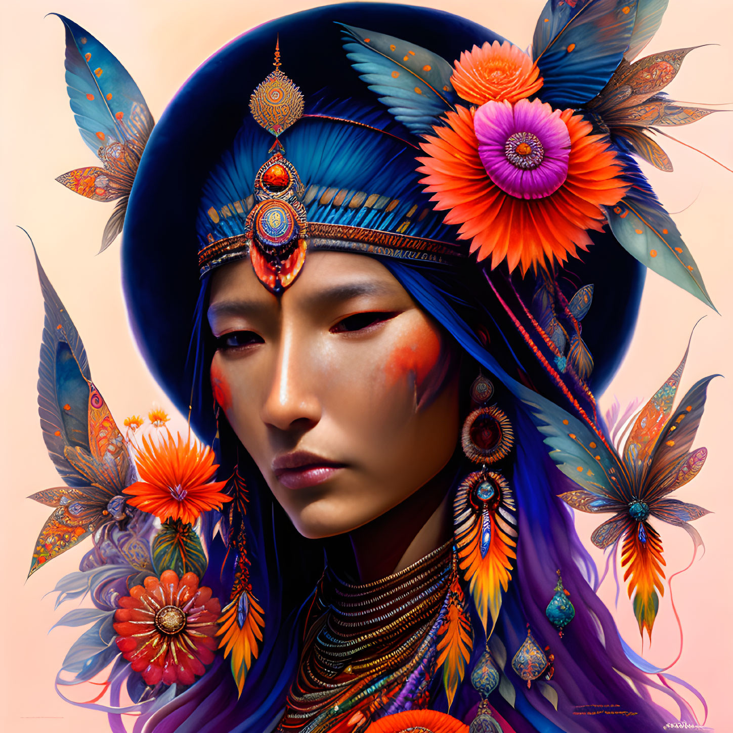 Vibrant digital portrait with blue and purple hair, adorned hat, flowers, and butterflies