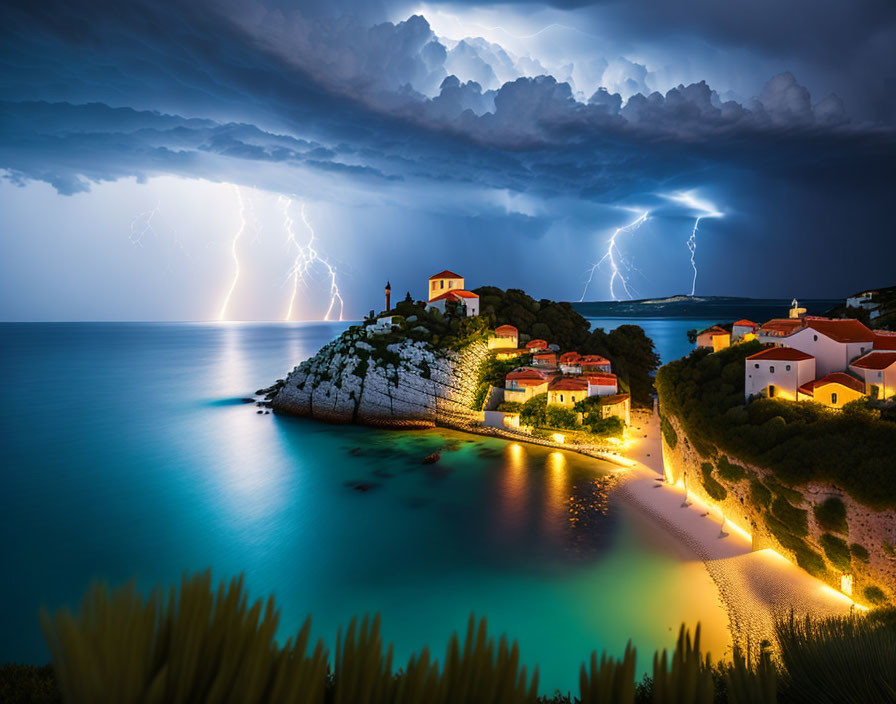 Coastal Village Night Scene with Lightning Strike