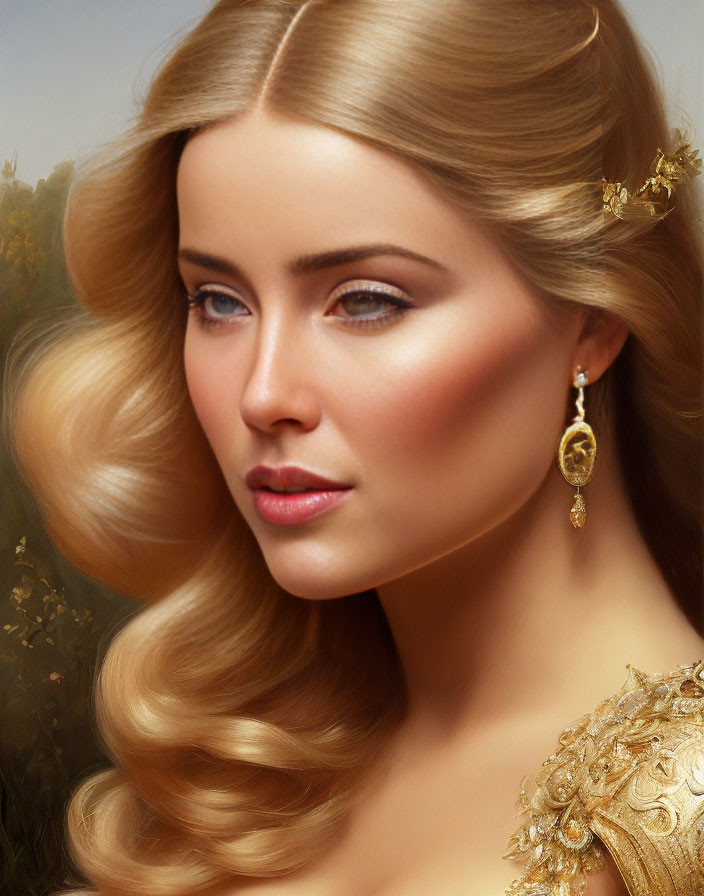 Blonde woman portrait with blue eyes and gold jewelry on natural backdrop