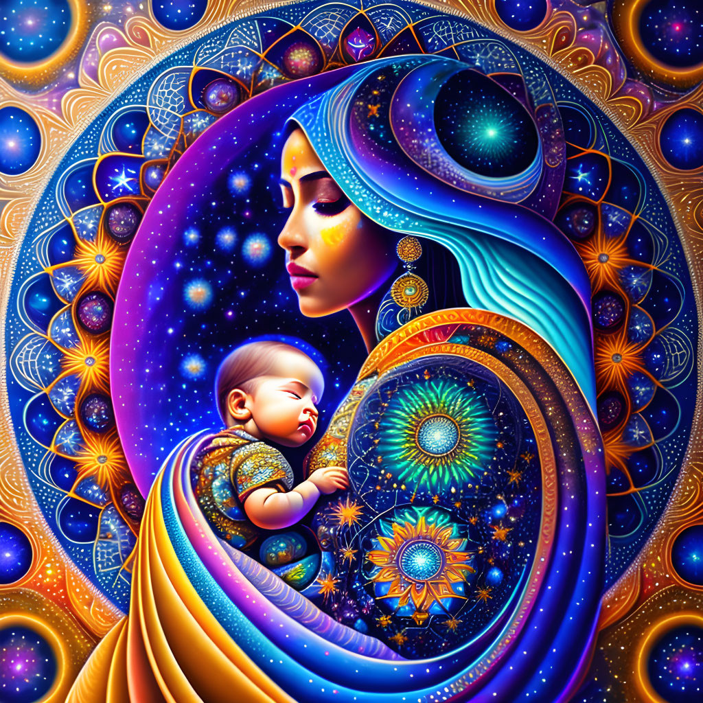 Colorful Artwork: Woman with Baby and Celestial Motifs