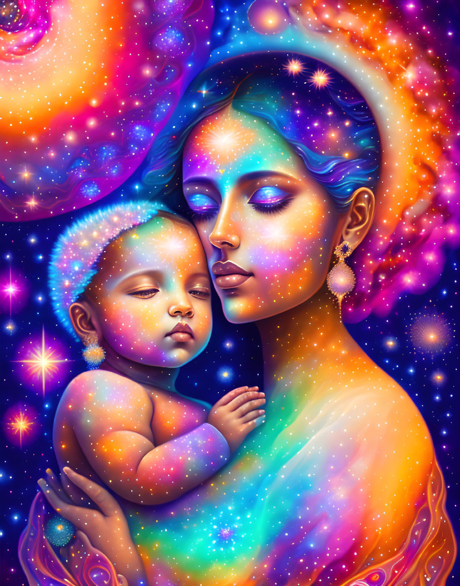 Cosmic-themed illustration of woman and baby with galaxy-colored skin in space setting