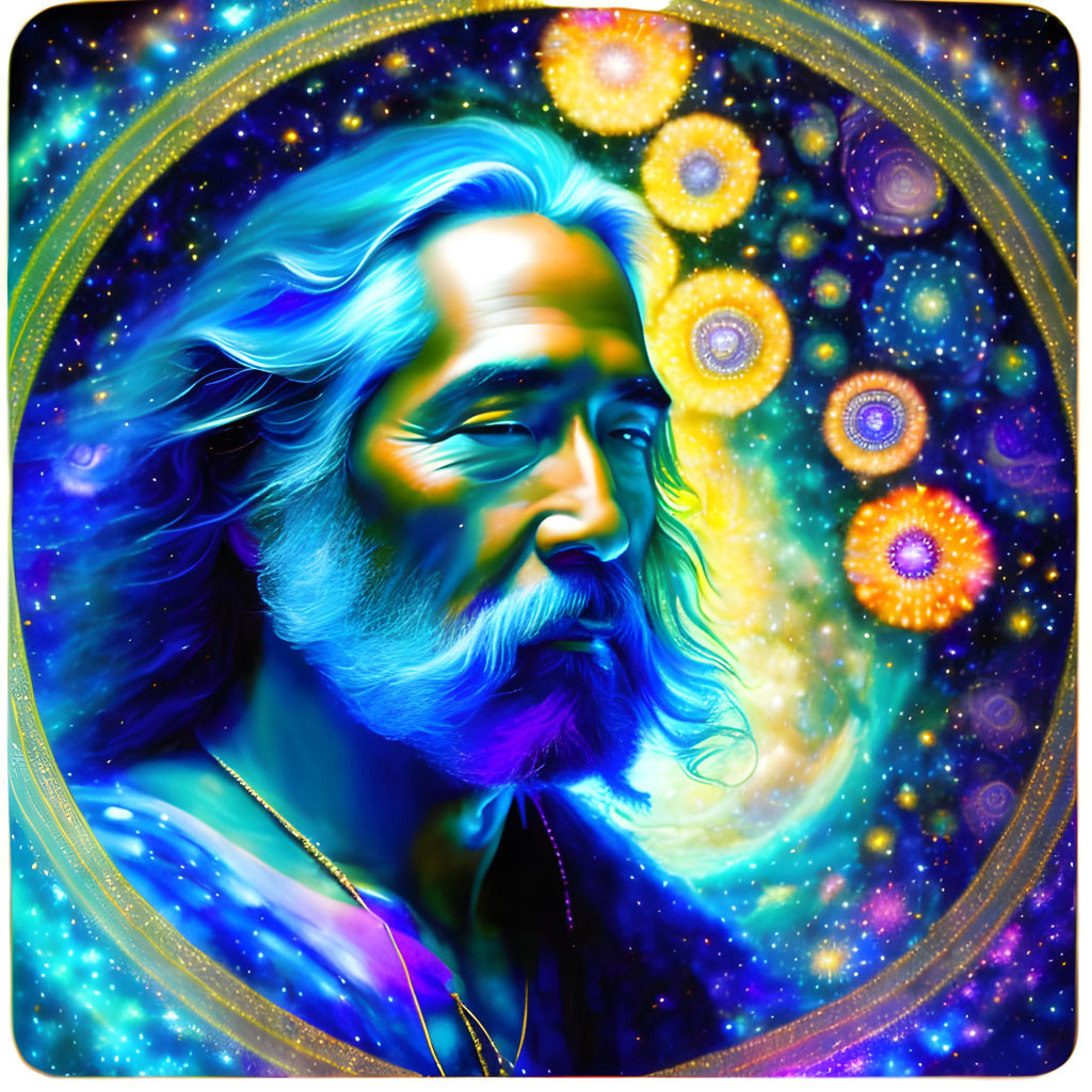 Cosmic-themed portrait of a serene, bearded man with blue skin surrounded by galaxies.