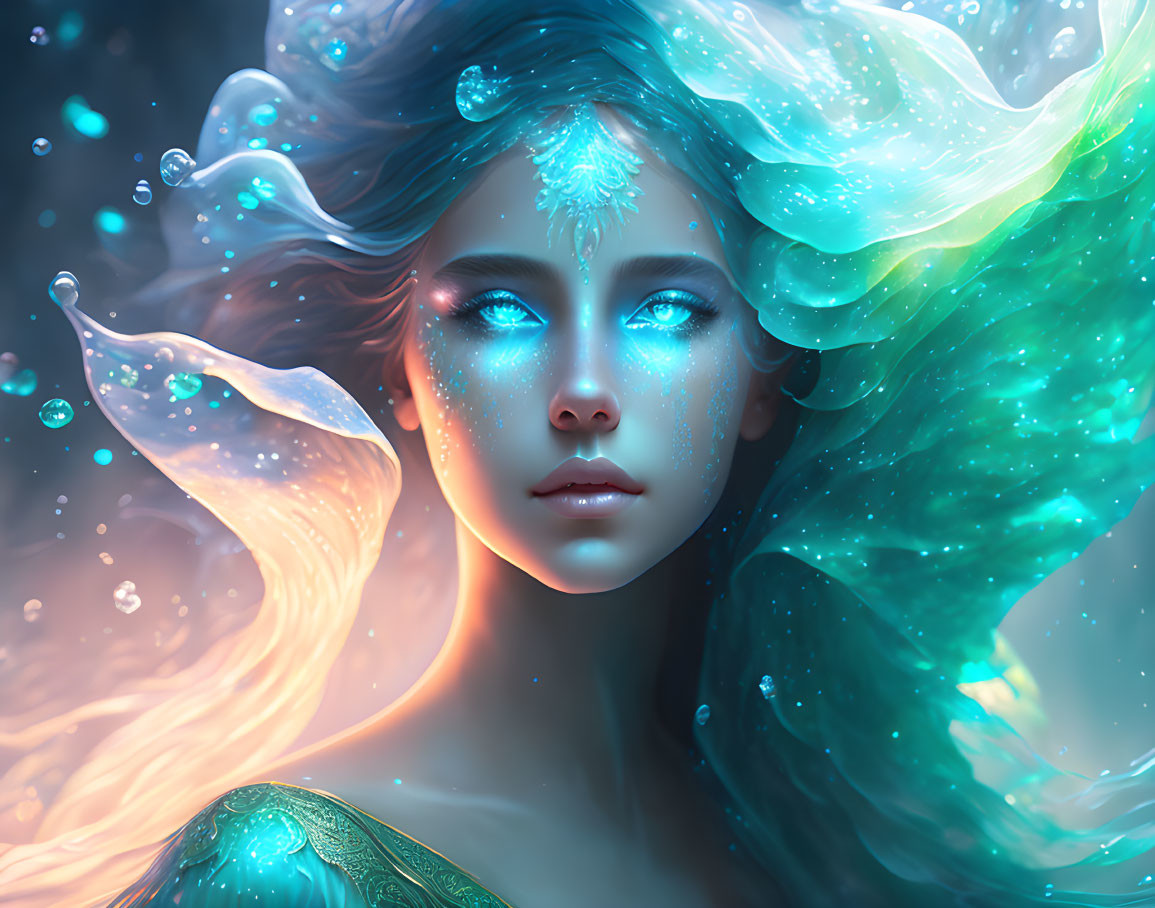 Luminous Blue Skin Fantasy Portrait with Flowing Hair