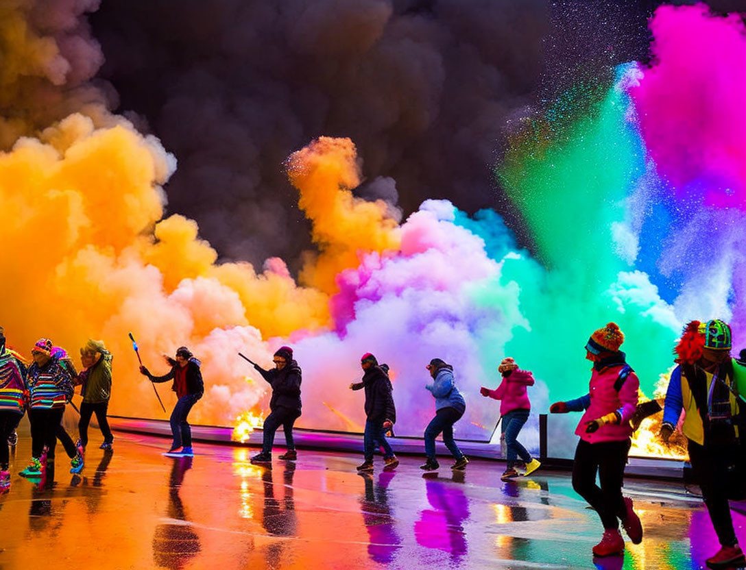 Vibrant Stage Dance with Colorful Smoke Plumes