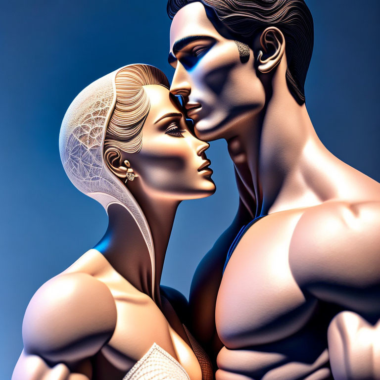 Stylized illustration of muscular man and elegant woman gazing against blue backdrop