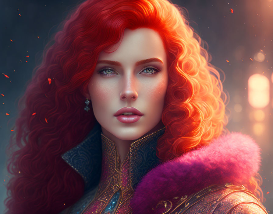 Digital artwork: Woman with red hair, blue eyes, medieval attire, in atmospheric setting.