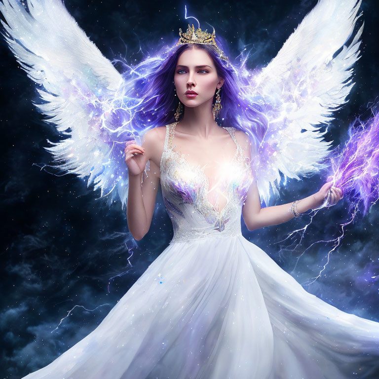 Fantastical image of woman with violet hair, crown, white dress, glowing wings, and lightning