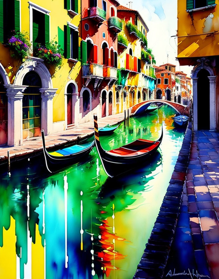 Colorful Watercolor Painting of Venetian Canal and Gondolas