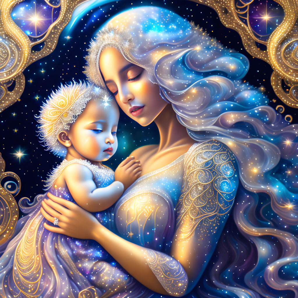 Illustration of woman with starry hair holding child in celestial attire amidst cosmic background.