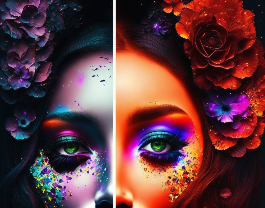 Colorful floral face art blending natural and fantastical elements