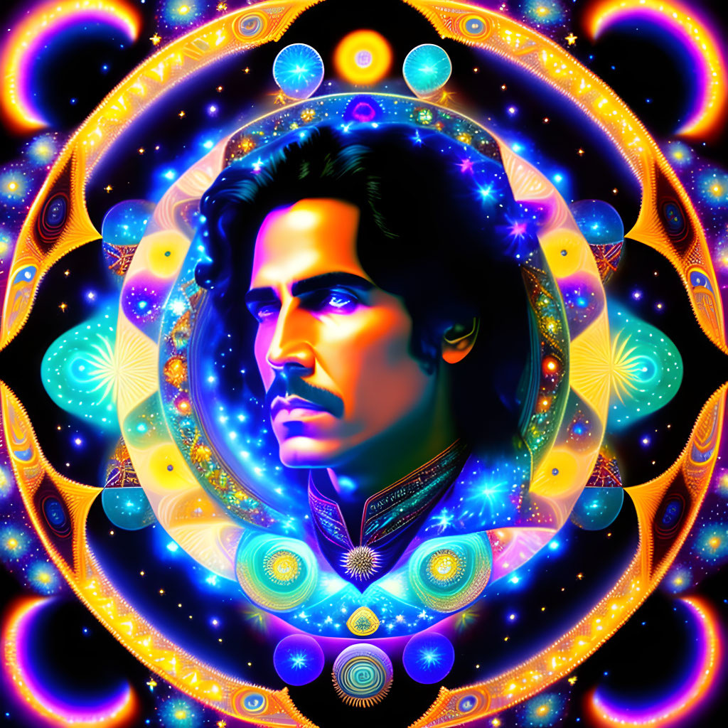 Colorful psychedelic portrait of a man with a mustache in cosmic setting