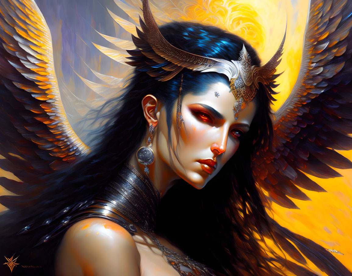 Fantasy artwork of a woman in horned headpiece with feathers on golden backdrop