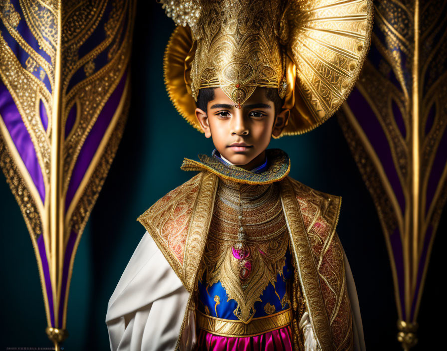 Elaborate costume with gold crown and purple attire on child