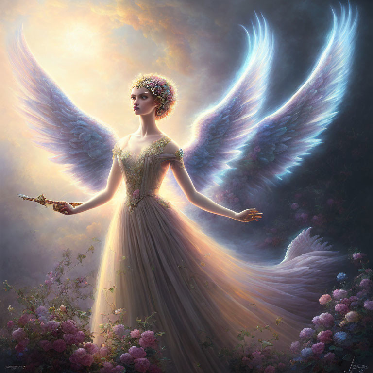 Luminous angelic figure with wings and floral crown among blooming flowers