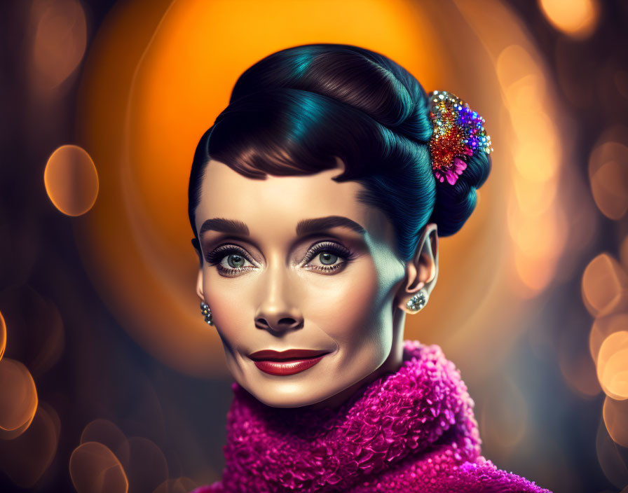 Woman with Elegant Retro Hairstyle and Makeup Adorned with Jewels on Warm Bokeh Background