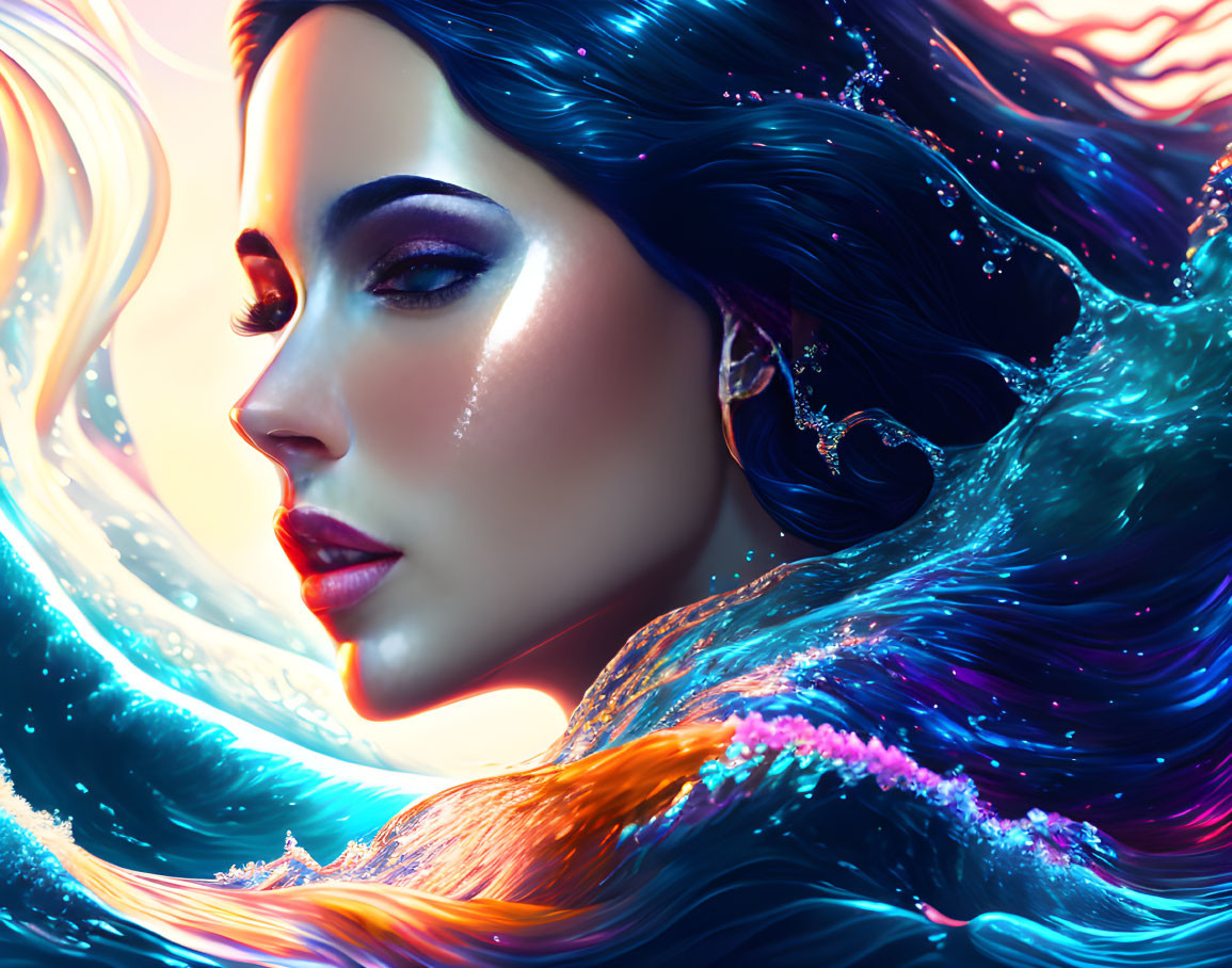 Digital illustration of woman with flowing dark hair and radiant skin on vibrant blue backdrop