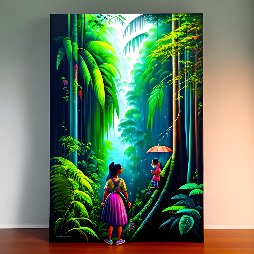 Colorful jungle painting with two figures under a red umbrella in soft light