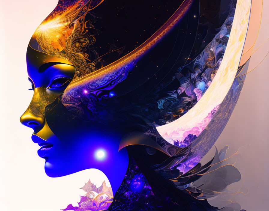 Vibrant digital artwork of woman's profile with cosmic and nature elements