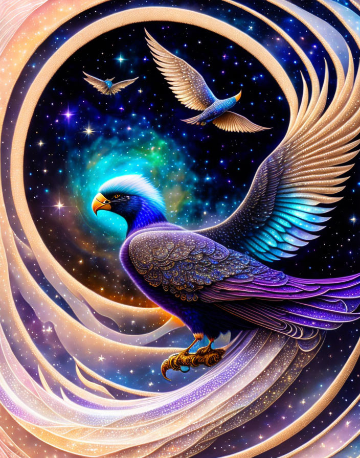 Iridescent feathered eagle soaring in cosmic swirl