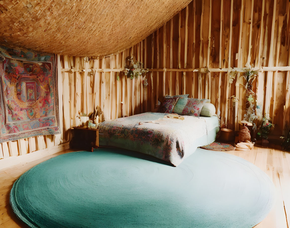 Rustic wood bedroom with round bed and greenery accents