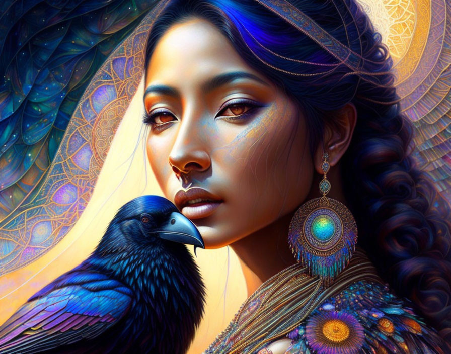 Intricate digital artwork of woman with colorful patterns and raven