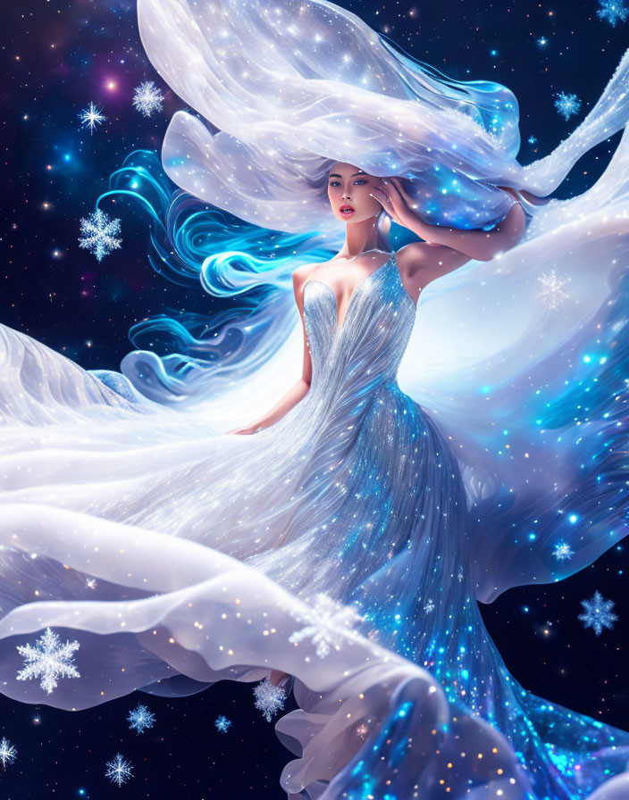 Woman in shimmering dress amidst cosmic winter fantasy.