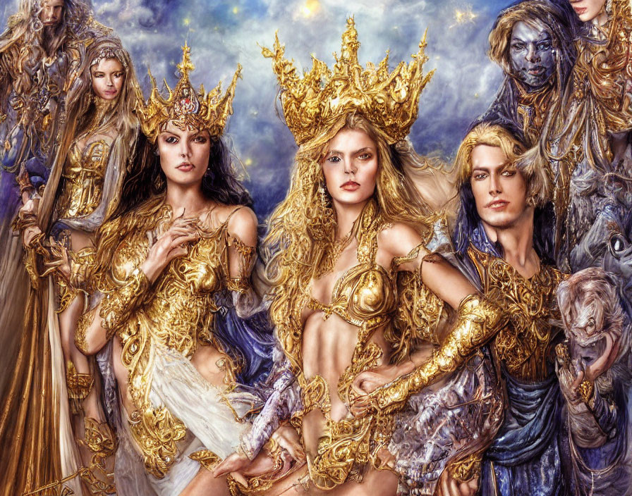 Regal figures in gold and blue fantasy attire with a prominent queen.