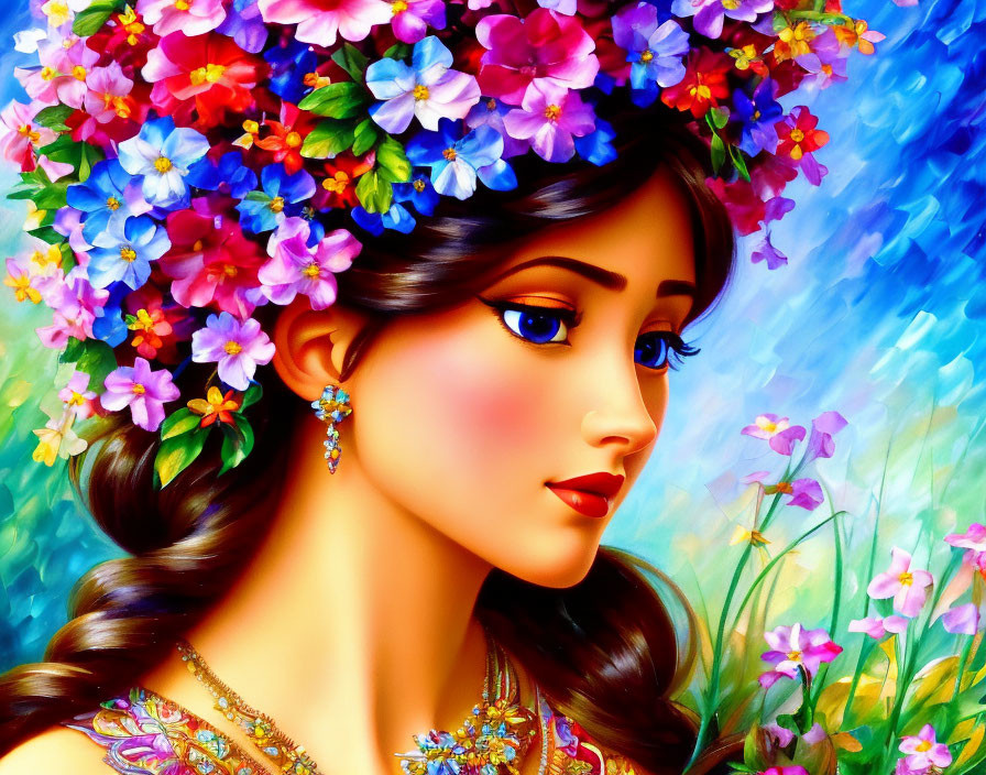 Colorful Woman with Floral Wreath in Blue and Green Setting