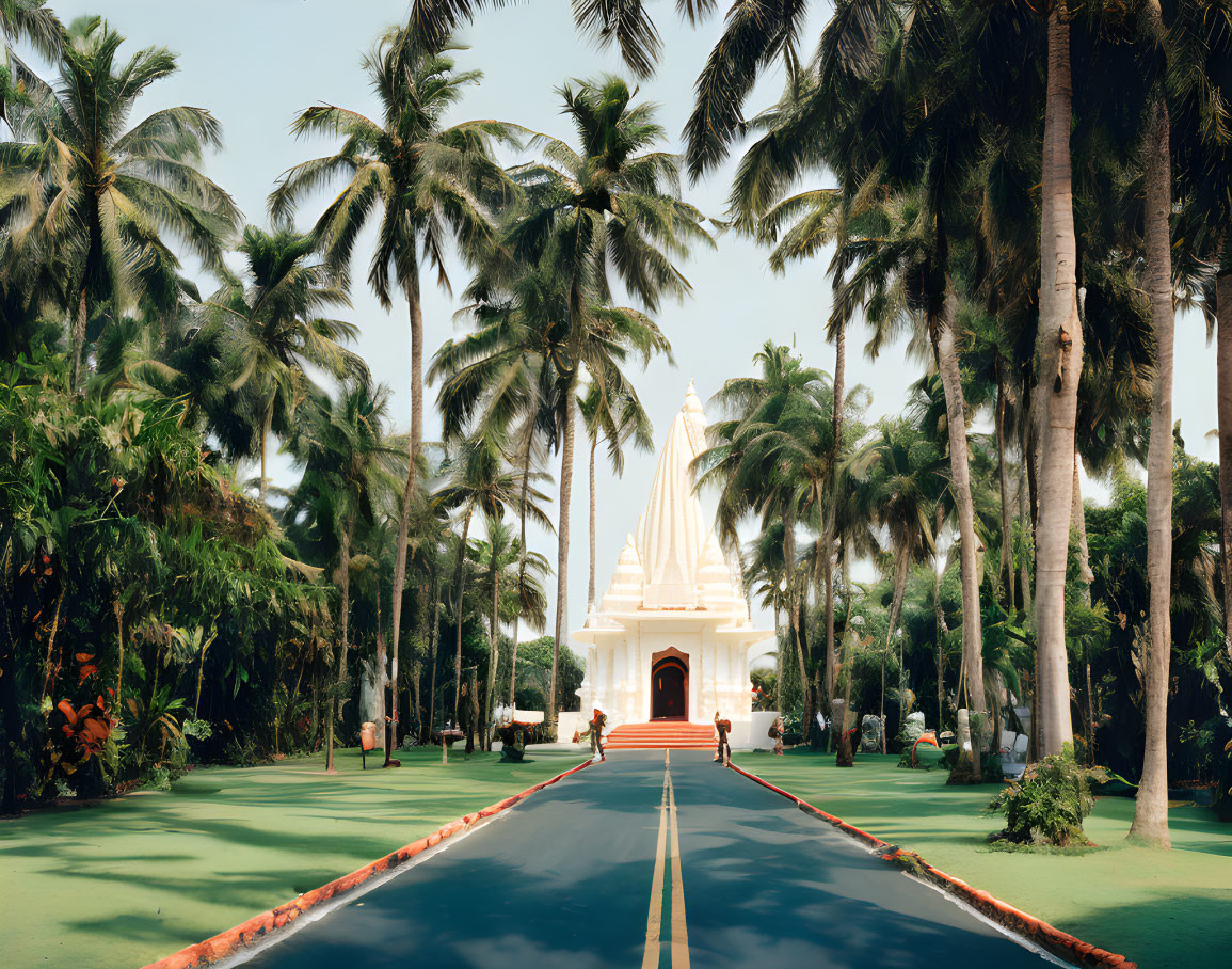 Tropical Scene with Palm Trees and Triangular Building