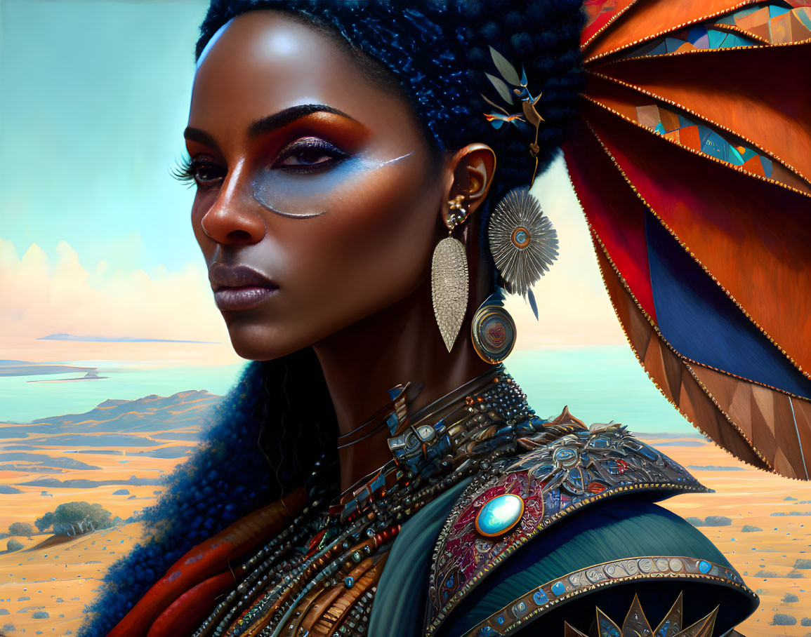 Digital portrait of a woman with tribal jewelry in savannah landscape