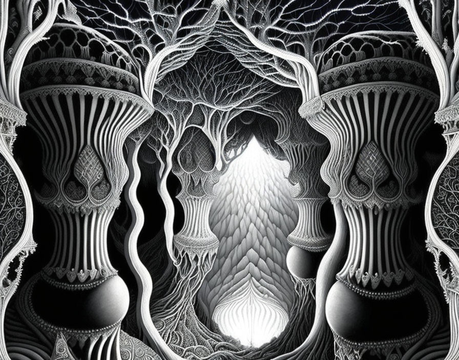 Symmetrical black and white artwork featuring organic and architectural patterns