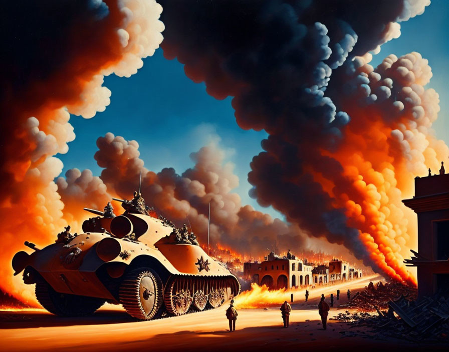 Futuristic tank in explosive destruction amid dramatic sky