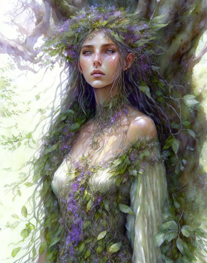 Ethereal figure with flower crown in mystical woodland setting