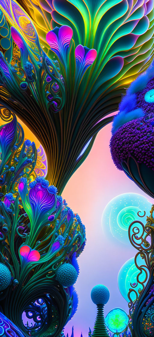 Colorful Digital Artwork with Fractal Patterns and Cool/Warm Tones