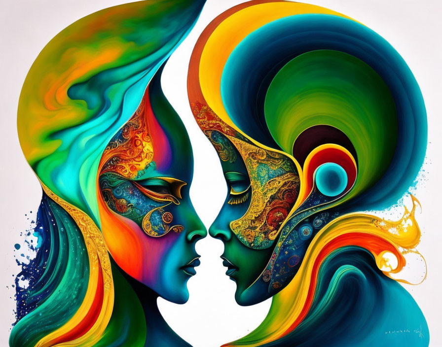 Colorful Stylized Profile Faces with Ornate Details in Mirrored Pose