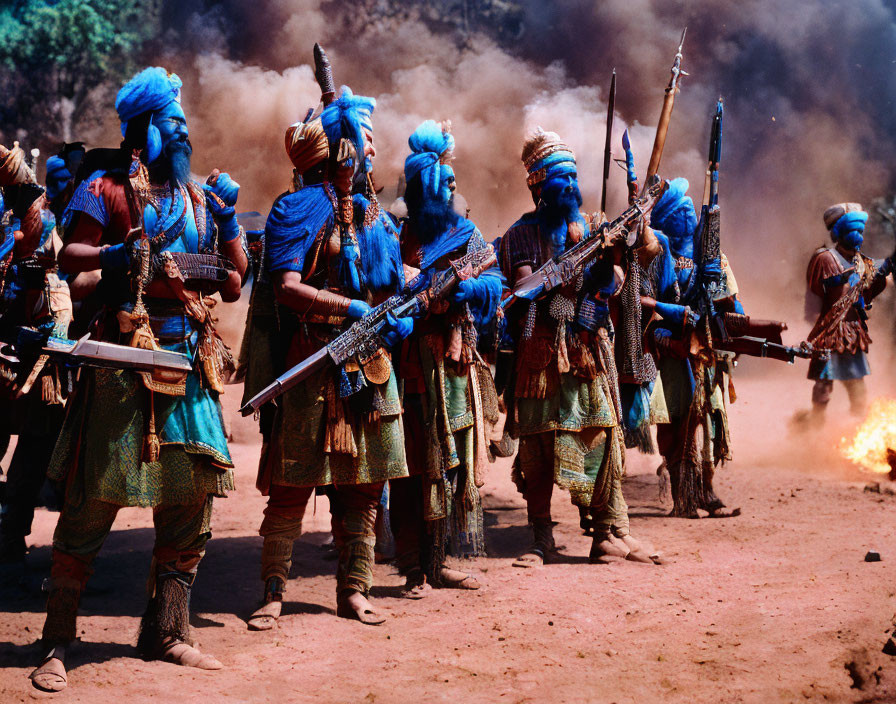 Group of individuals in blue and green attire with turbans and rifles in fiery setting