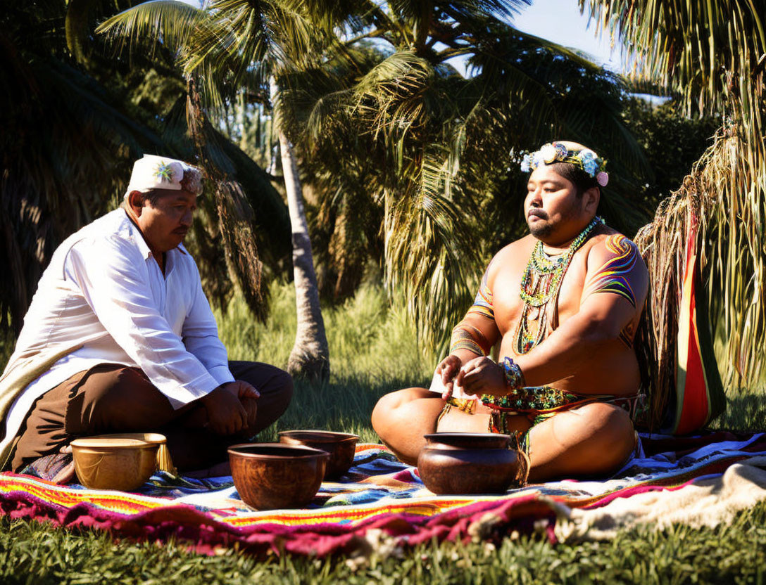 Traditional attired individuals in cultural ceremony with bowls and greenery.