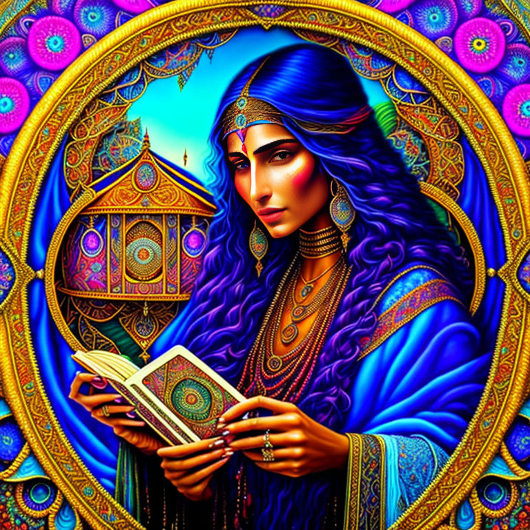 Colorful illustration: woman in blue attire reading book, surrounded by ornate peacock patterns